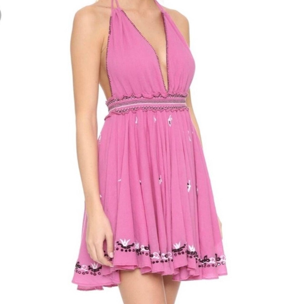 LoveShackFancy Dress Halter Embroidered Ruffle Mini Pink Cotton Size 3‎